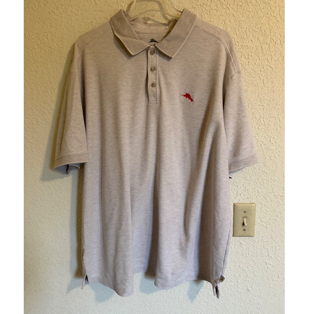 Tommy Bahama Mens XXL Supima Cotton Blend Polo Shirt Oatmeal Heather Marlin Logo